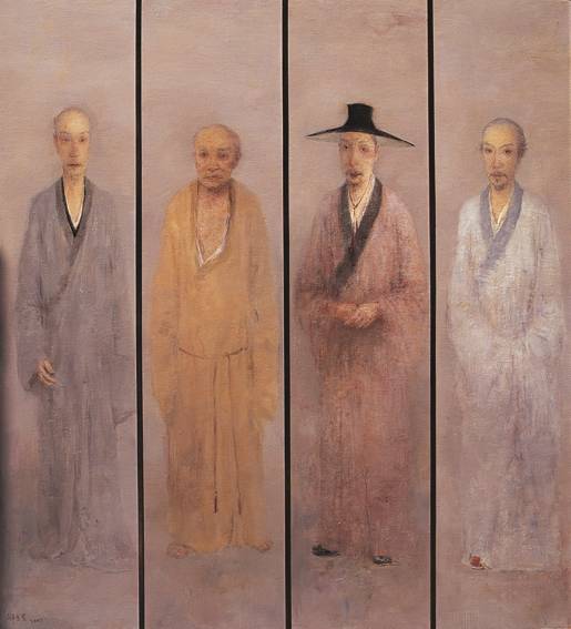 霜冷长河—弘仁、髡残、八大、石涛 布面油彩 180x190cm 2009年.tif
